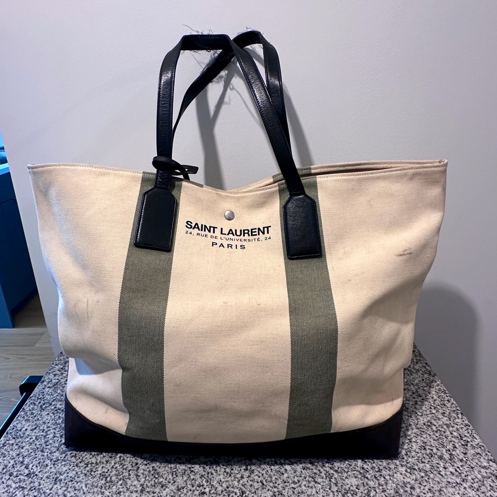 Saint Laurent canvas beach tote with leather trim